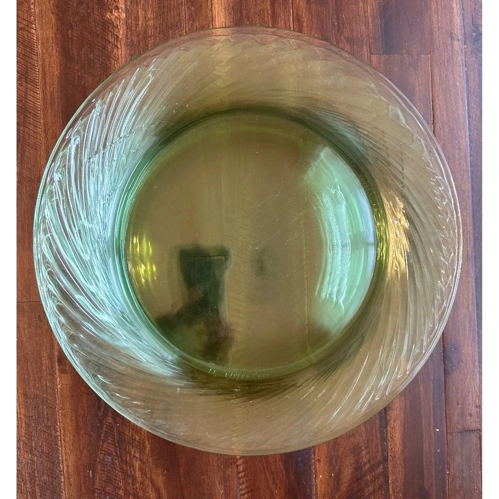 Vintage Pyrex Sculptured Swirl Light Green Glass Dinner Plates Set of 2 USA 10